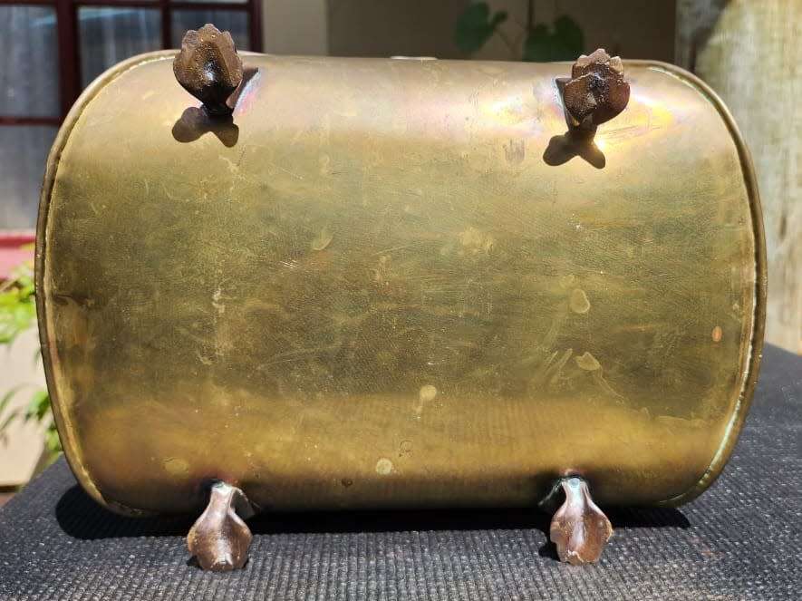 Elegant Vintage 1970s Brass Fireplace Log Holder with Lions Paw Feet and Swing Hinged Handle