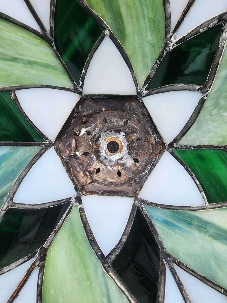 VINTAGE HAND CRAFTED GREEN STAINED GLASS CONE SHAPED LAMPSHADE WITH PEWTER FRAME