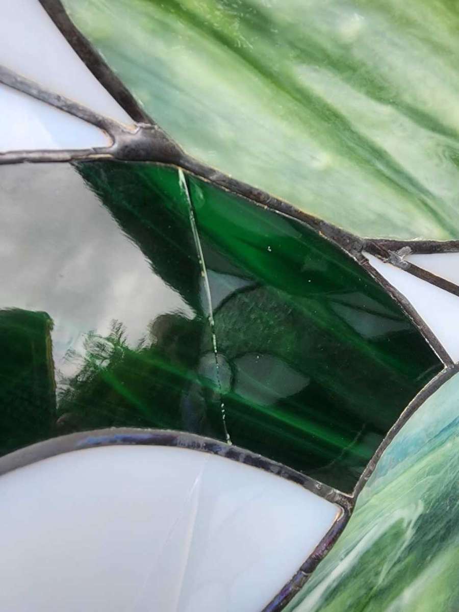 VINTAGE HAND CRAFTED GREEN STAINED GLASS CONE SHAPED LAMPSHADE WITH PEWTER FRAME