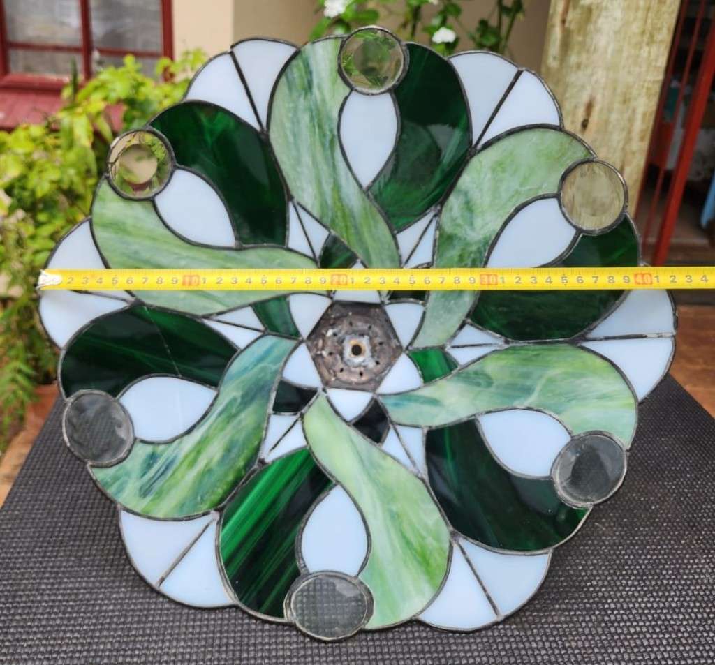 VINTAGE HAND CRAFTED GREEN STAINED GLASS CONE SHAPED LAMPSHADE WITH PEWTER FRAME