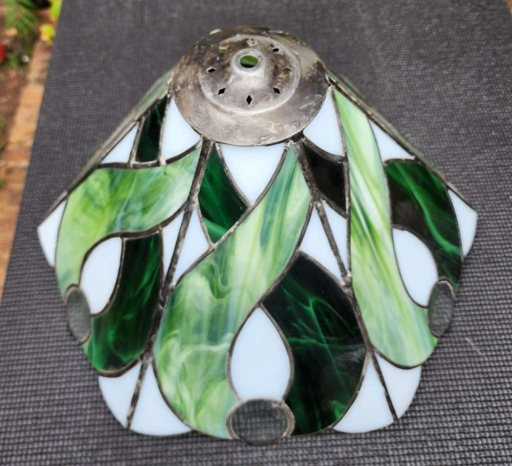 VINTAGE HAND CRAFTED GREEN STAINED GLASS CONE SHAPED LAMPSHADE WITH PEWTER FRAME