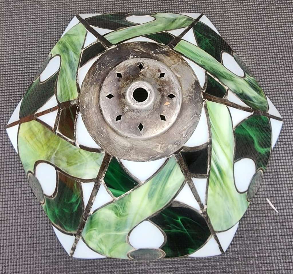 VINTAGE HAND CRAFTED GREEN STAINED GLASS CONE SHAPED LAMPSHADE WITH PEWTER FRAME