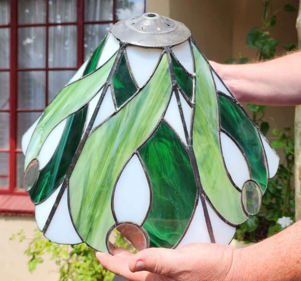 VINTAGE HAND CRAFTED GREEN STAINED GLASS CONE SHAPED LAMPSHADE WITH PEWTER FRAME
