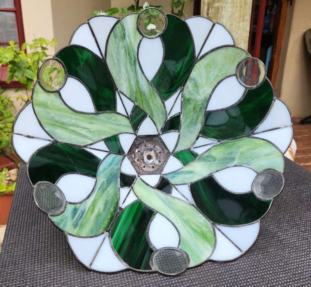 VINTAGE HAND CRAFTED GREEN STAINED GLASS CONE SHAPED LAMPSHADE WITH PEWTER FRAME