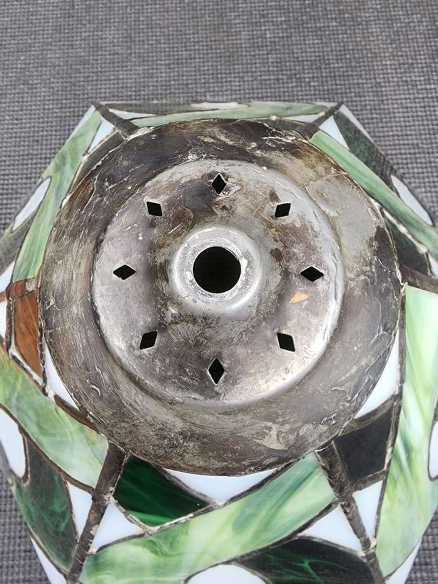 VINTAGE HAND CRAFTED GREEN STAINED GLASS CONE SHAPED LAMPSHADE WITH PEWTER FRAME