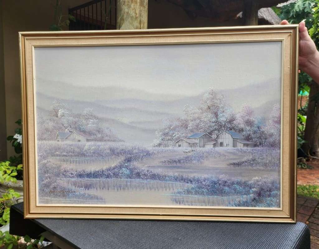 Listed USA Artist Everett Woodson (1933-2016) Winter Farmstead Original Oil Painting