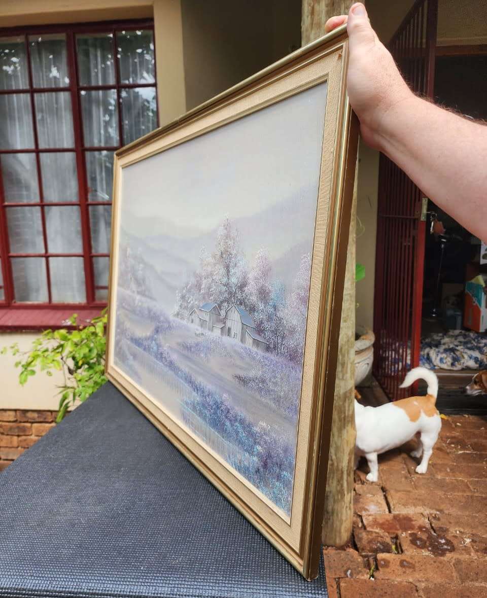 Listed USA Artist Everett Woodson (1933-2016) Winter Farmstead Original Oil Painting