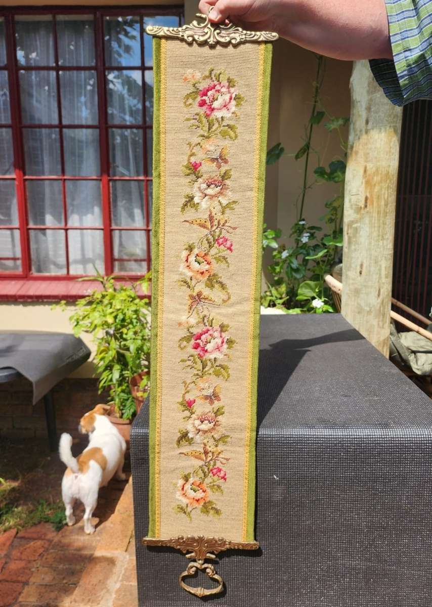 VINTAGE NEEDLEPOINT DOOR KNOCKER OR BELL PULL WITH FLORAL TAPESTRY SOLID BRASS EDGES, BRASS HANDLE