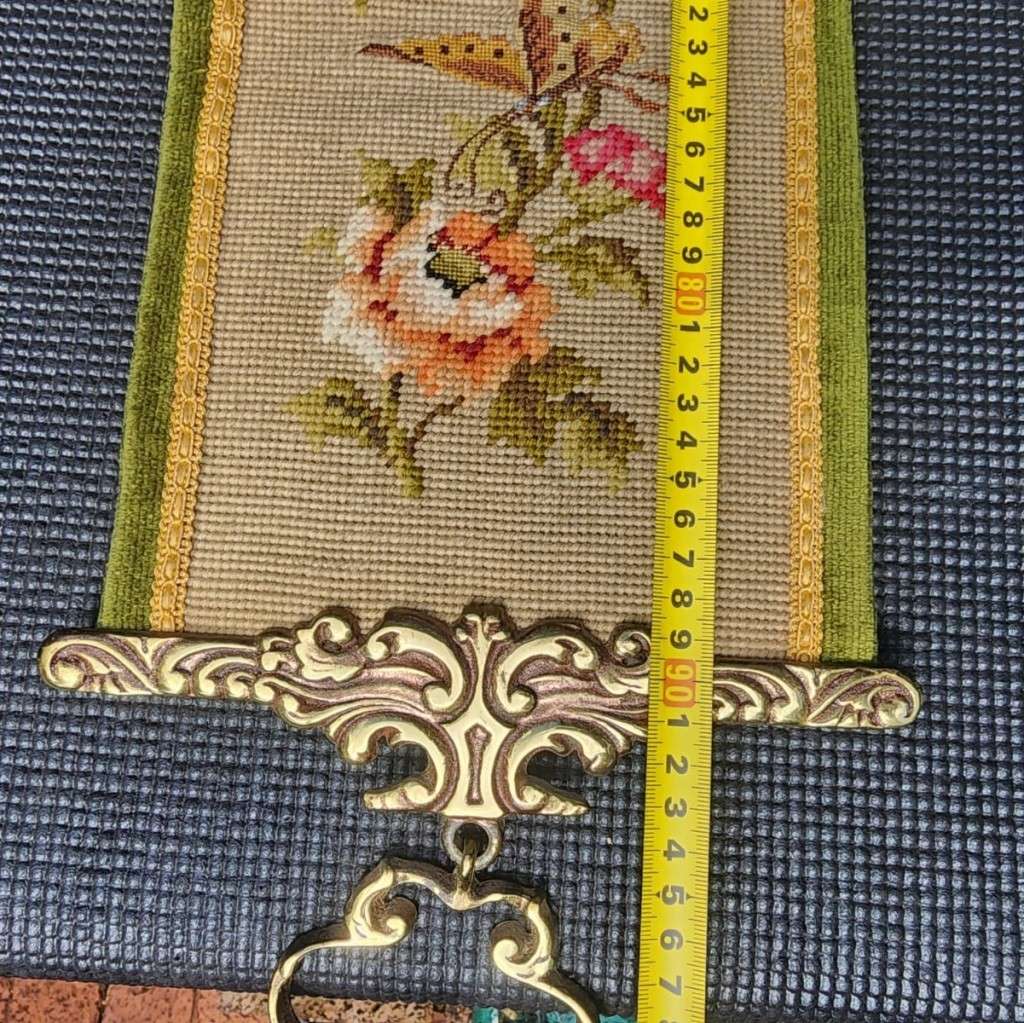 VINTAGE NEEDLEPOINT DOOR KNOCKER OR BELL PULL WITH FLORAL TAPESTRY SOLID BRASS EDGES, BRASS HANDLE