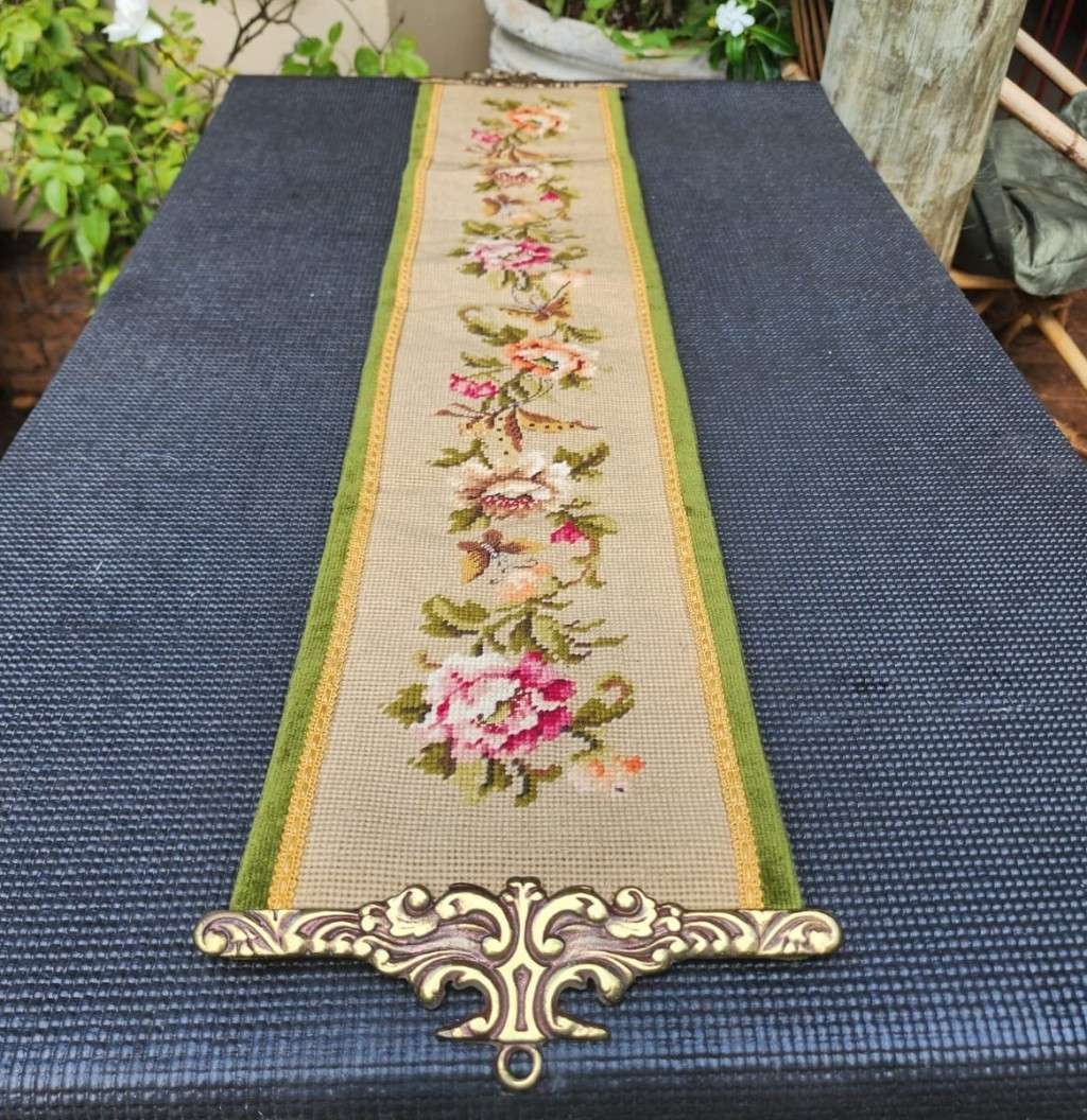 VINTAGE NEEDLEPOINT DOOR KNOCKER OR BELL PULL WITH FLORAL TAPESTRY SOLID BRASS EDGES, BRASS HANDLE