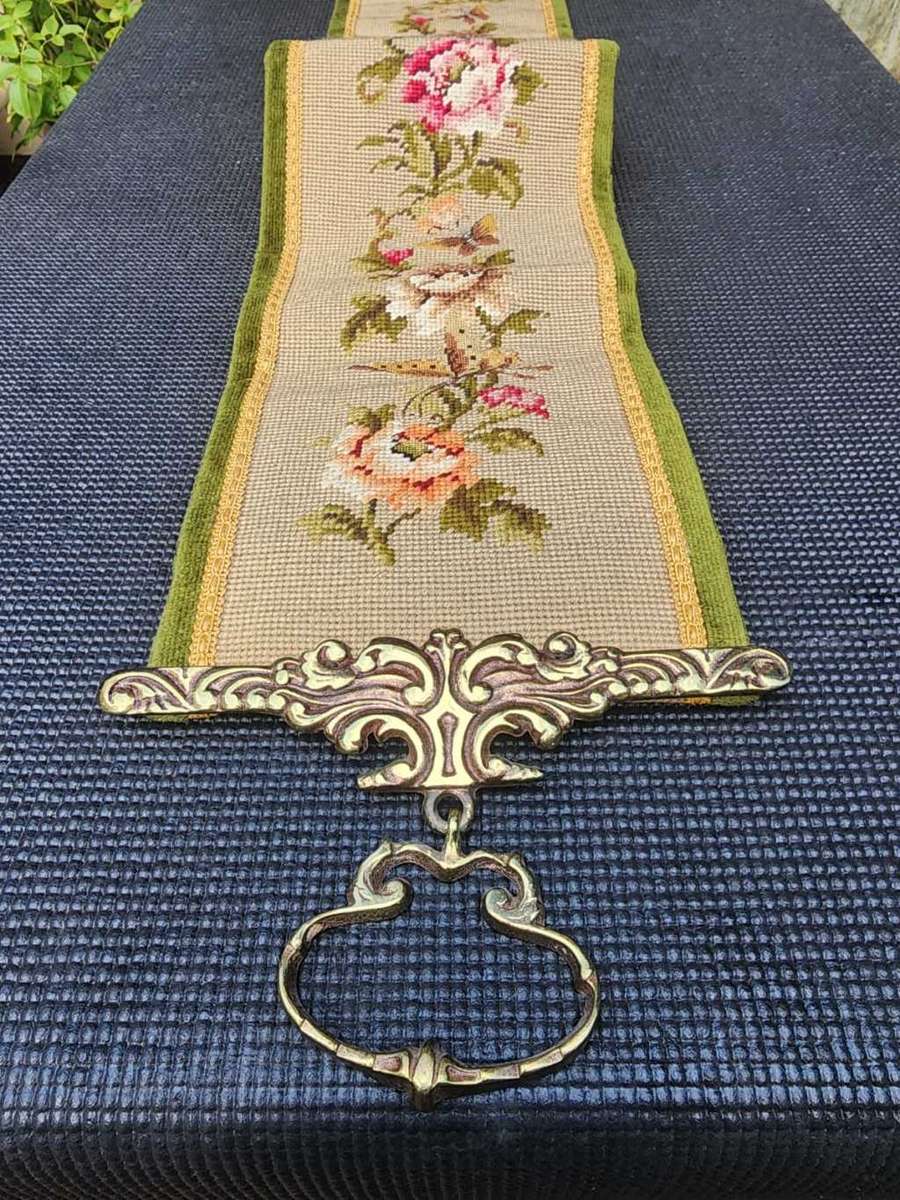 VINTAGE NEEDLEPOINT DOOR KNOCKER OR BELL PULL WITH FLORAL TAPESTRY SOLID BRASS EDGES, BRASS HANDLE