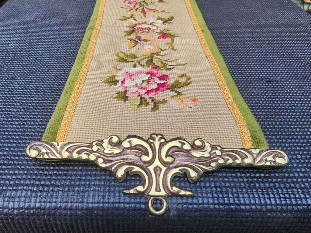 VINTAGE NEEDLEPOINT DOOR KNOCKER OR BELL PULL WITH FLORAL TAPESTRY SOLID BRASS EDGES, BRASS HANDLE