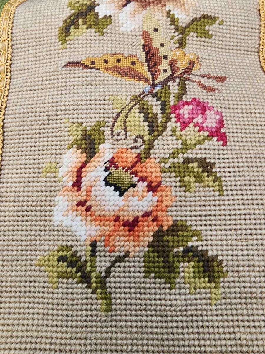 VINTAGE NEEDLEPOINT DOOR KNOCKER OR BELL PULL WITH FLORAL TAPESTRY SOLID BRASS EDGES, BRASS HANDLE