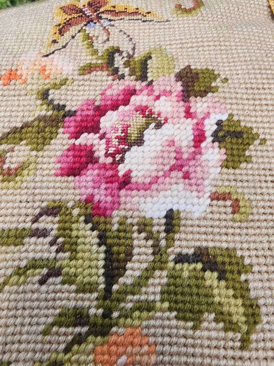 VINTAGE NEEDLEPOINT DOOR KNOCKER OR BELL PULL WITH FLORAL TAPESTRY SOLID BRASS EDGES, BRASS HANDLE