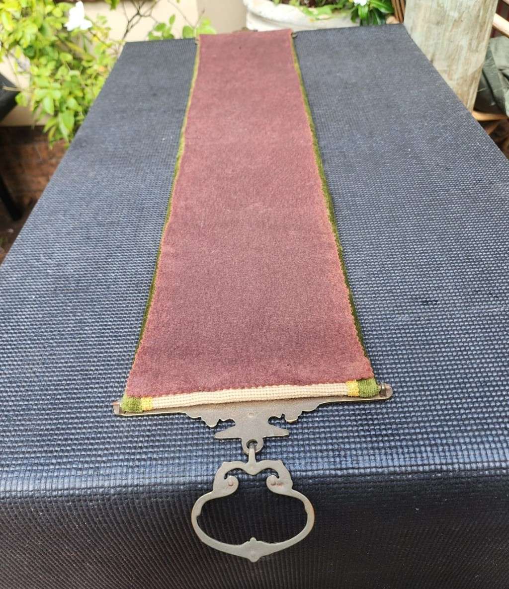 VINTAGE NEEDLEPOINT DOOR KNOCKER OR BELL PULL WITH FLORAL TAPESTRY SOLID BRASS EDGES, BRASS HANDLE