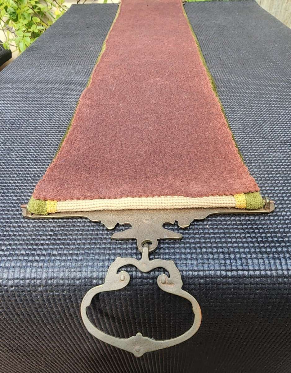 VINTAGE NEEDLEPOINT DOOR KNOCKER OR BELL PULL WITH FLORAL TAPESTRY SOLID BRASS EDGES, BRASS HANDLE