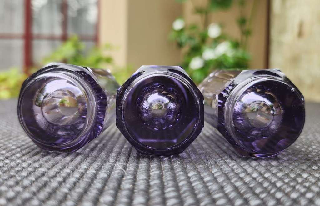 THREE VIOLET ALEXANDRITE SHOT GLASSES