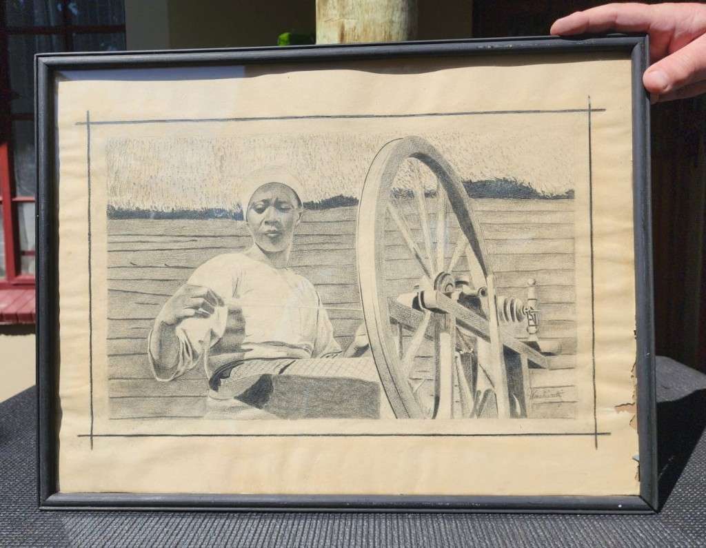 Original Antique Cotton Spinning Wheel Pencil Sketch Signed `Wenchiaruttz`