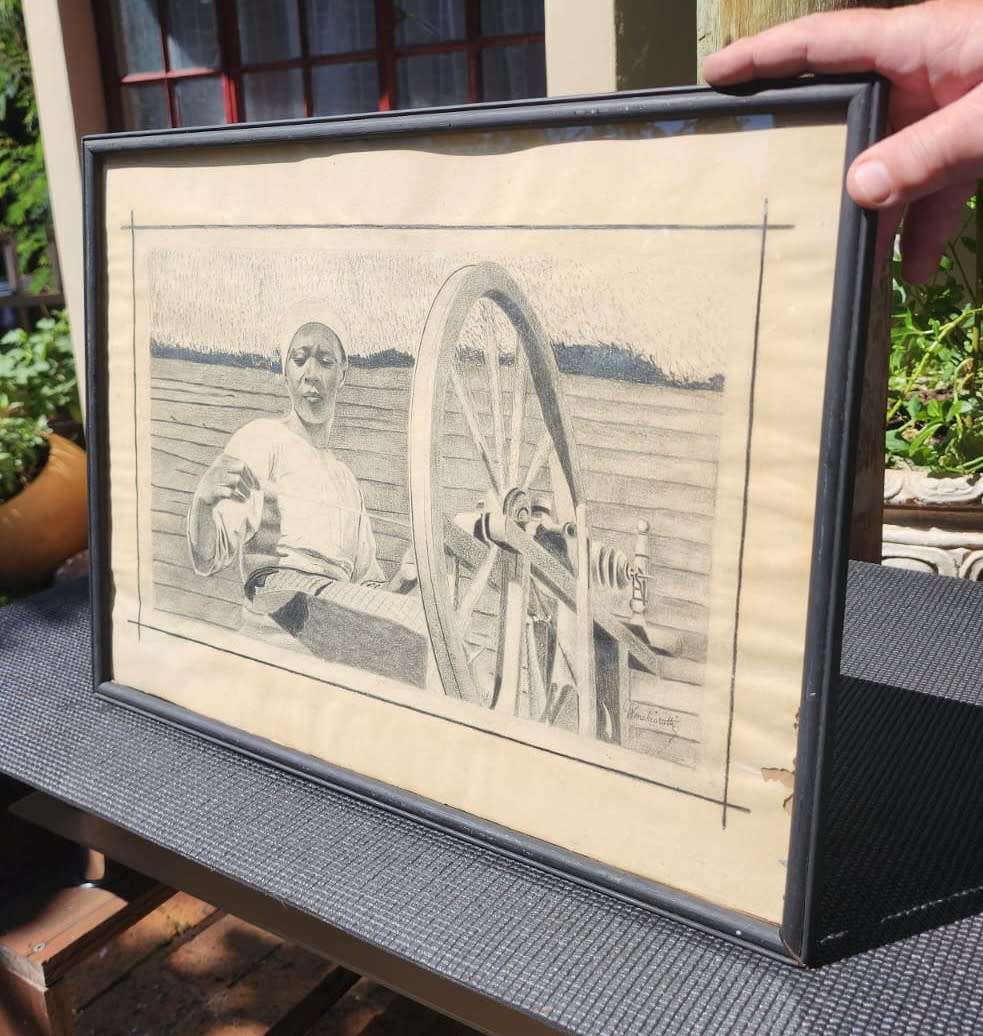 Original Antique Cotton Spinning Wheel Pencil Sketch Signed `Wenchiaruttz`