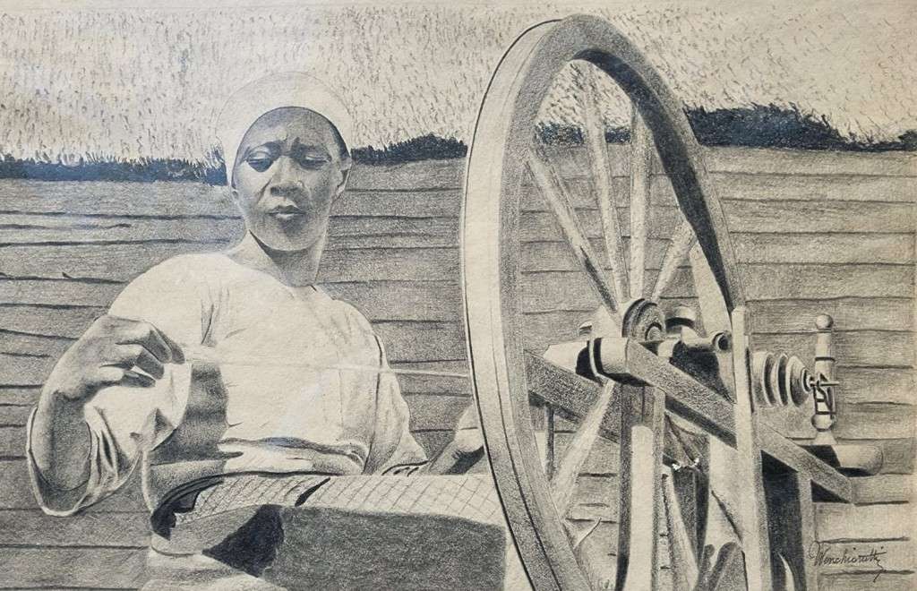 Original Antique Cotton Spinning Wheel Pencil Sketch Signed `Wenchiaruttz`