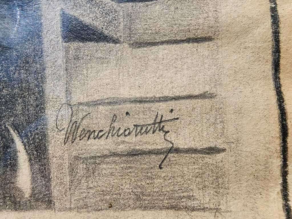 Original Antique Cotton Spinning Wheel Pencil Sketch Signed `Wenchiaruttz`