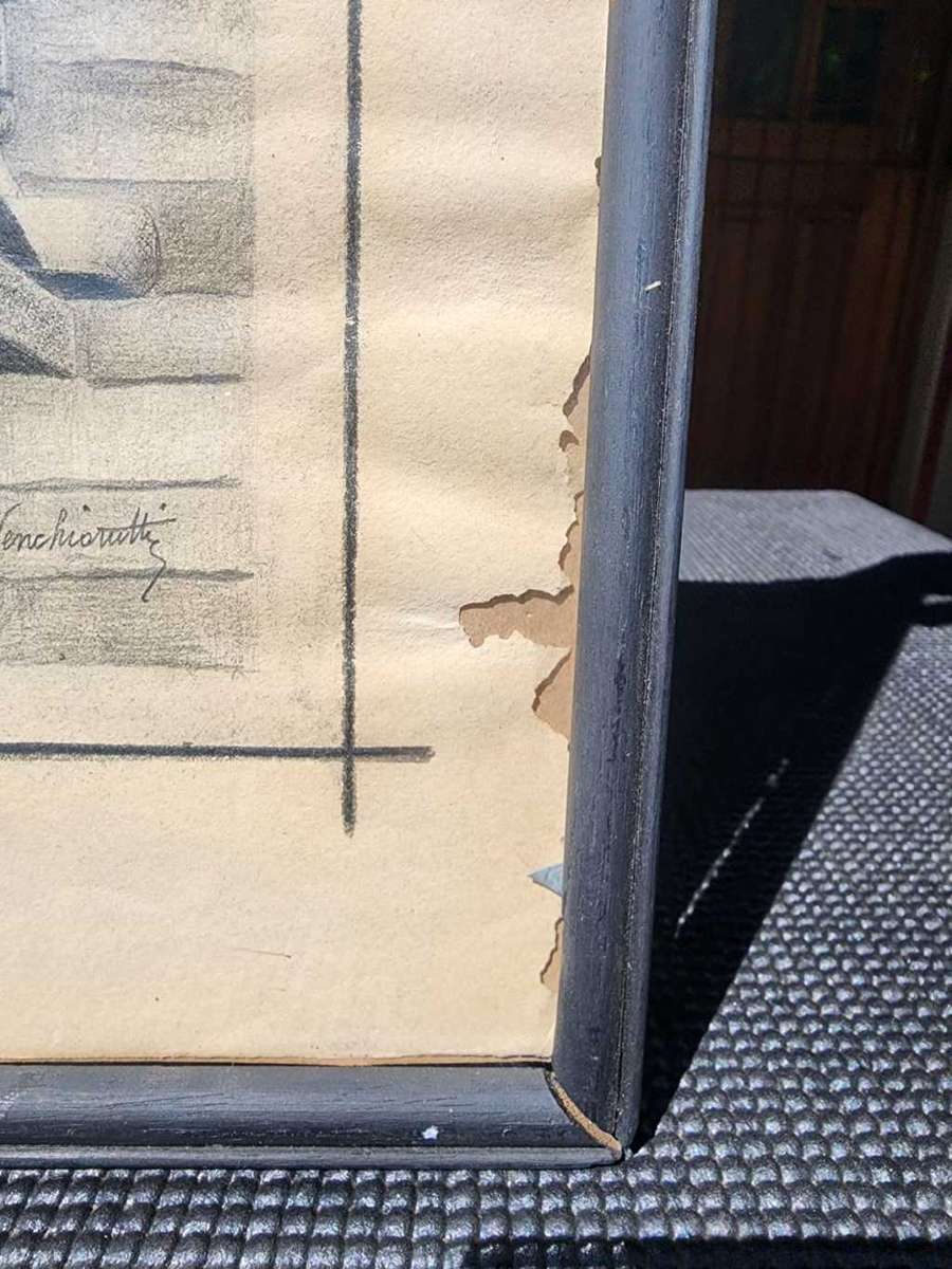 Original Antique Cotton Spinning Wheel Pencil Sketch Signed `Wenchiaruttz`