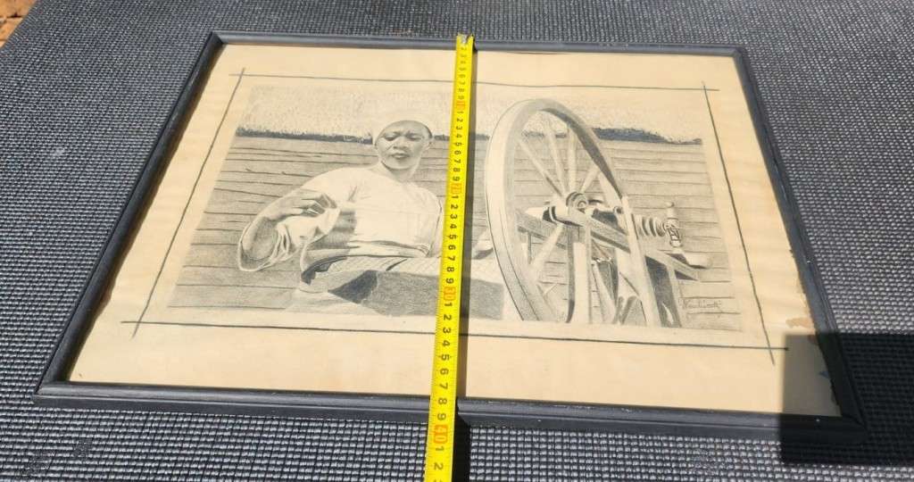 Original Antique Cotton Spinning Wheel Pencil Sketch Signed `Wenchiaruttz`