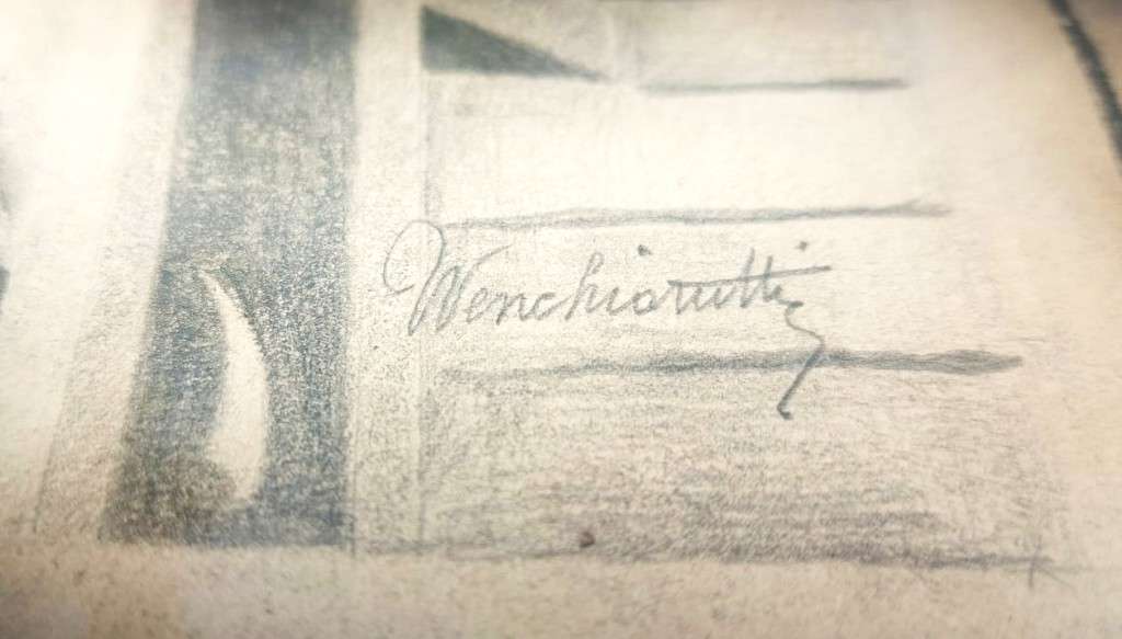 Original Antique Cotton Spinning Wheel Pencil Sketch Signed `Wenchiaruttz`