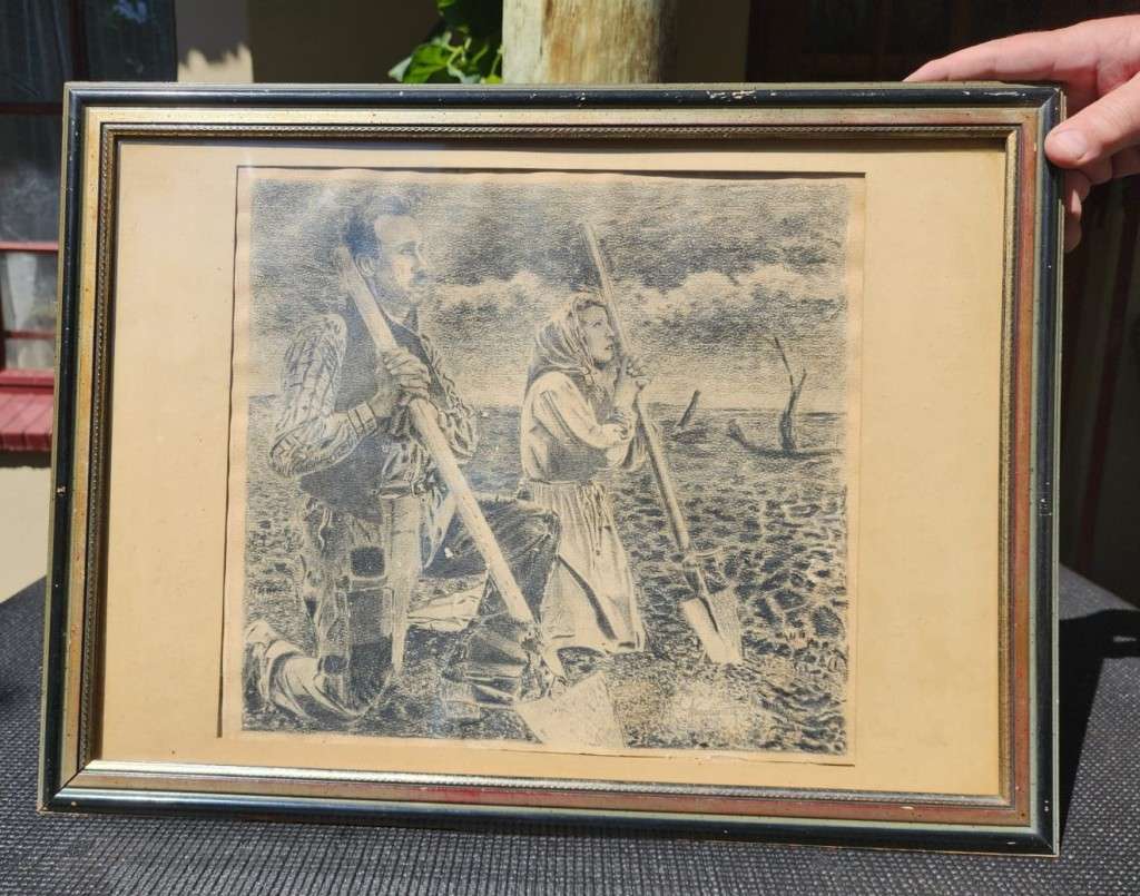 Original Antique Two Farmers Praying Pencil Sketch Signed Wenchiaruttz