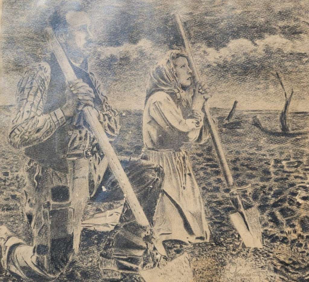 Original Antique Two Farmers Praying Pencil Sketch Signed Wenchiaruttz