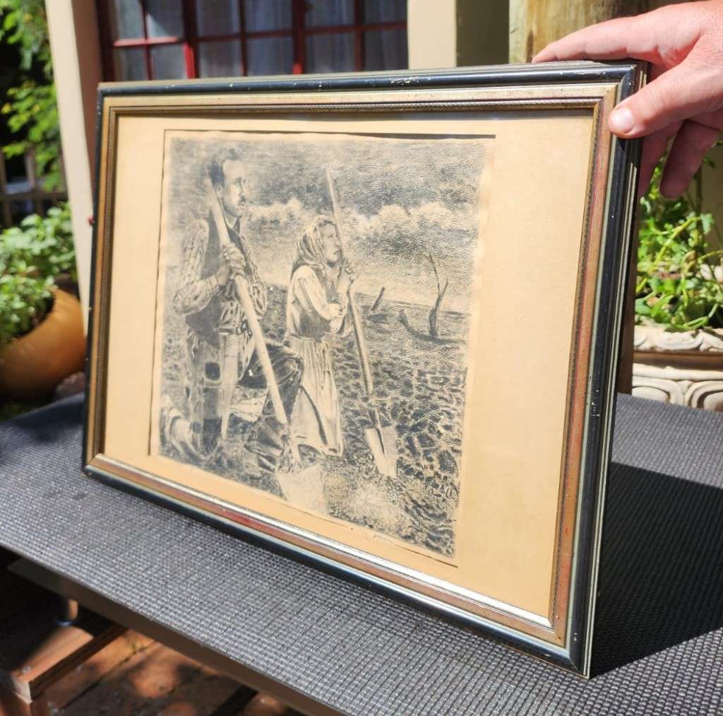 Original Antique Two Farmers Praying Pencil Sketch Signed Wenchiaruttz