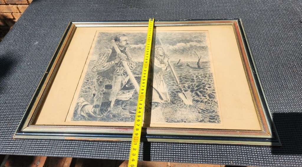 Original Antique Two Farmers Praying Pencil Sketch Signed Wenchiaruttz