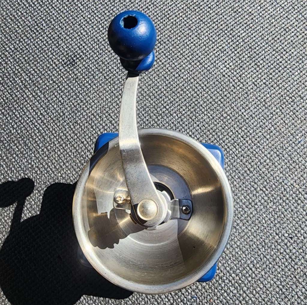 Vintage TCM Ceramic Metal and Wood Floral Hand Crank Burr Grinder Coffee Mill