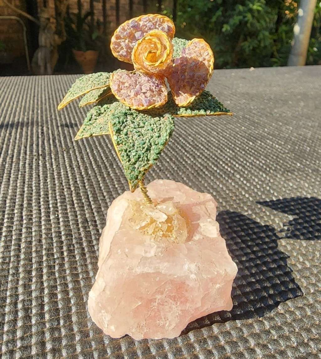 Aventurine and Rhodonite Gravel Flower with Brass Stem on Rose Quartz Slab