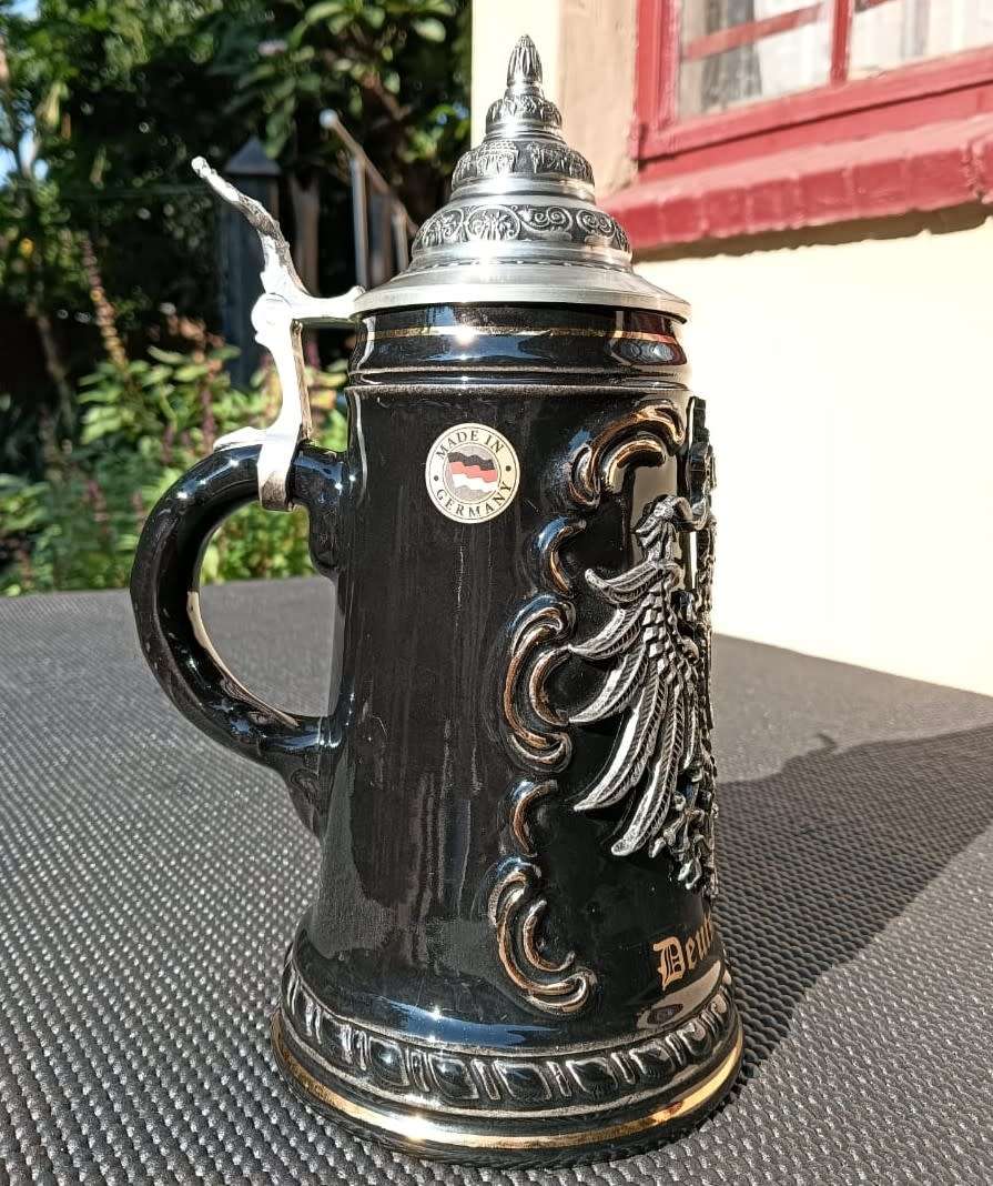 King Germany Limited Edition Black Deutchland 0.5L Beer Stein with Pewter Eagle Badge and 24K Gold A