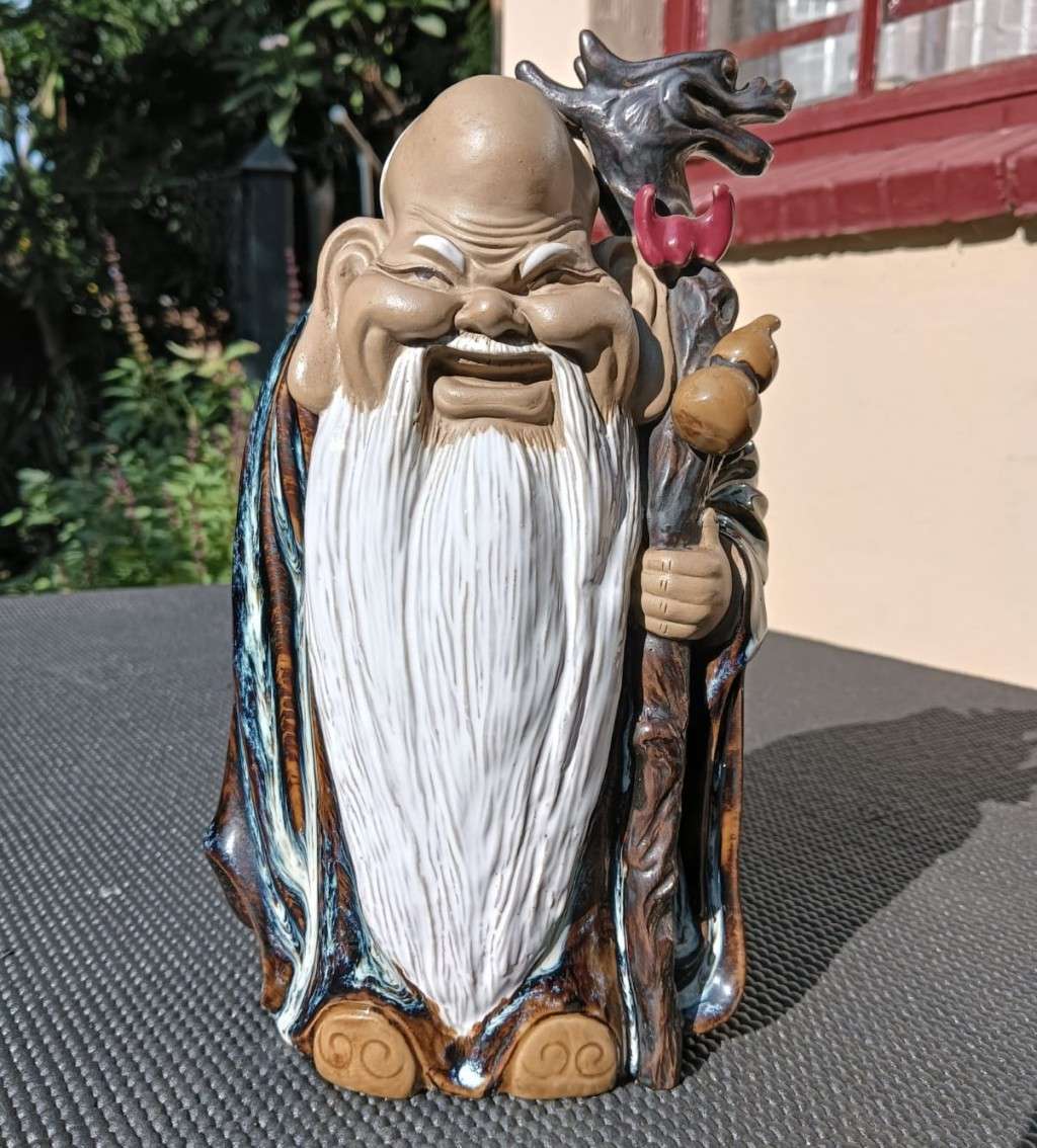 Laughing Bearded Shou Lao Chinese God of Longevity with Dragon Scepter
