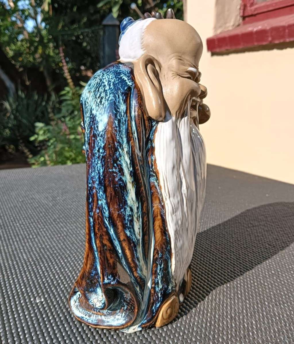 Laughing Bearded Shou Lao Chinese God of Longevity with Dragon Scepter