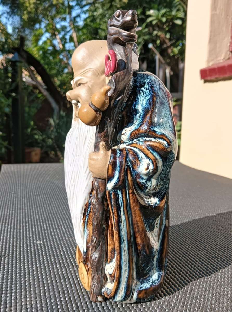 Laughing Bearded Shou Lao Chinese God of Longevity with Dragon Scepter