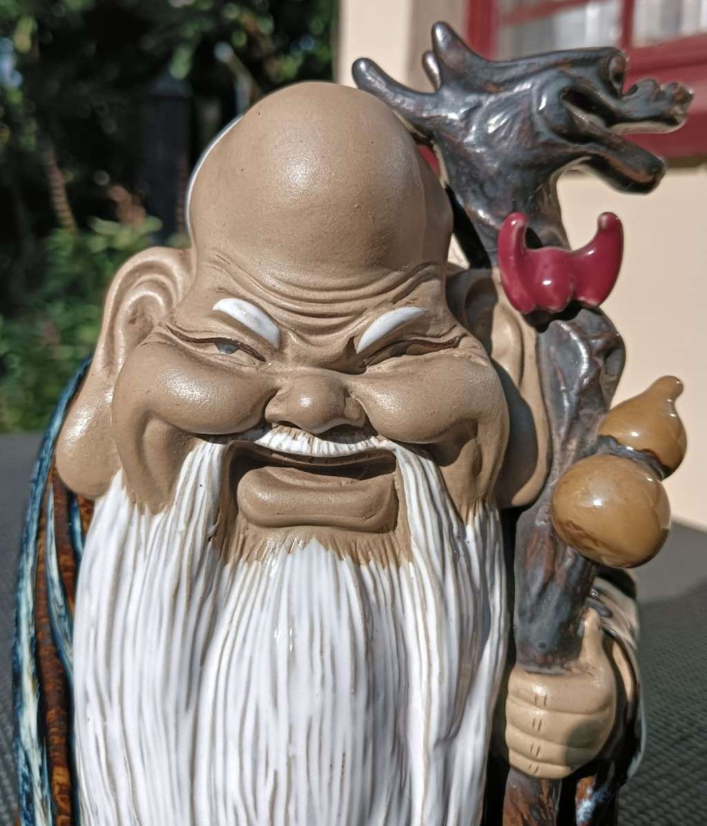 Laughing Bearded Shou Lao Chinese God of Longevity with Dragon Scepter