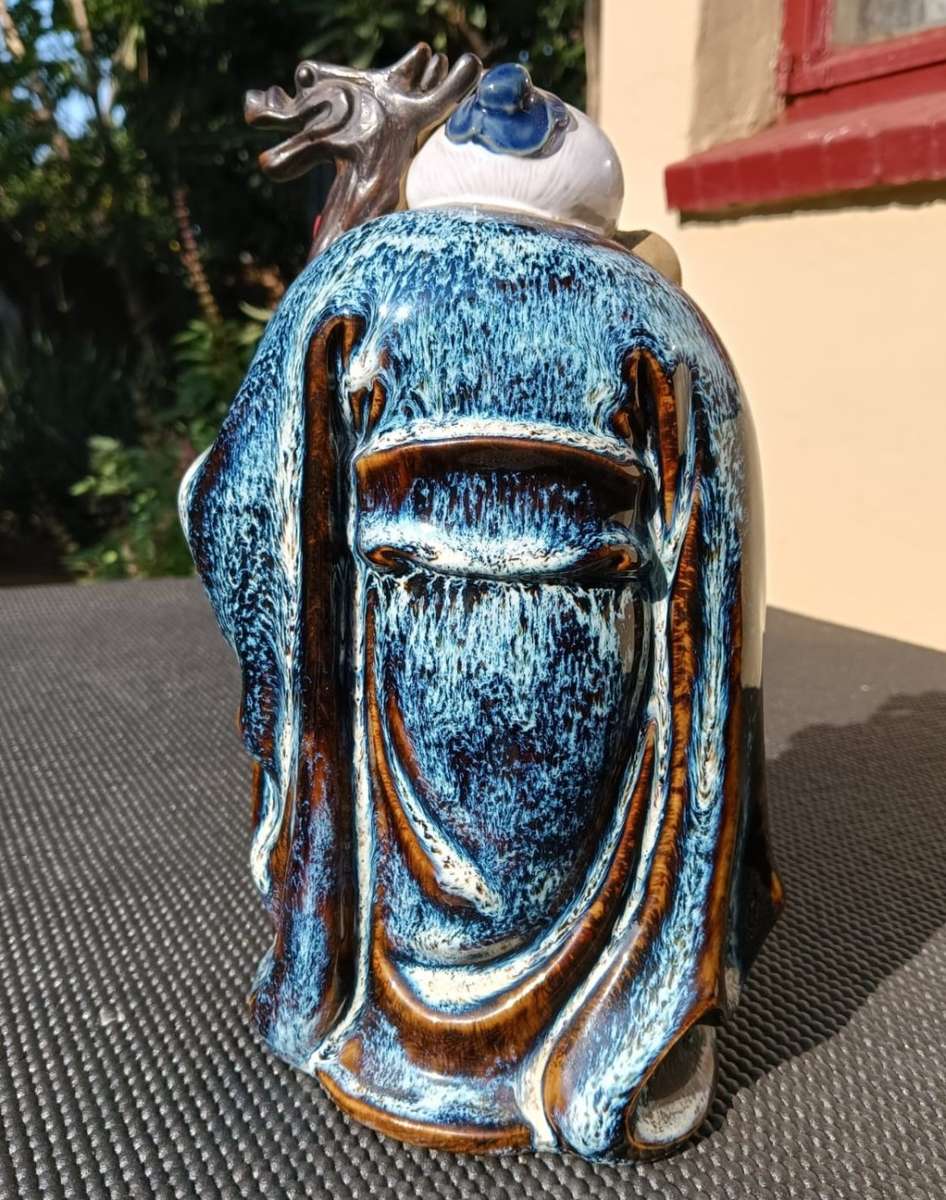 Laughing Bearded Shou Lao Chinese God of Longevity with Dragon Scepter