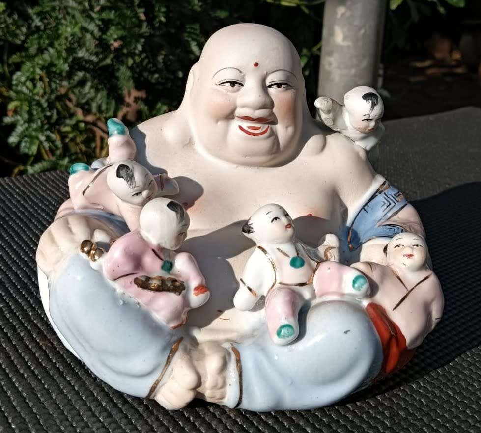 Vintage Chinese Porcelain Laughing Buddha with 5 Children Wealth Fertility Figurine