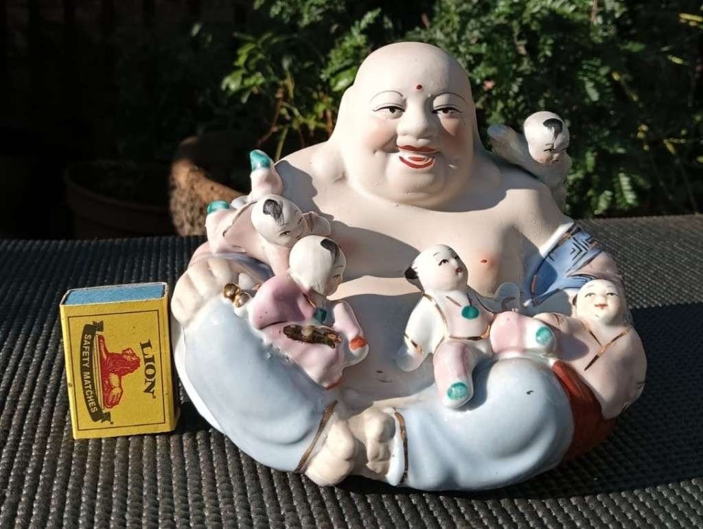 Vintage Chinese Porcelain Laughing Buddha with 5 Children Wealth Fertility Figurine
