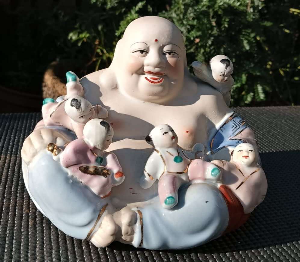 Vintage Chinese Porcelain Laughing Buddha with 5 Children Wealth Fertility Figurine