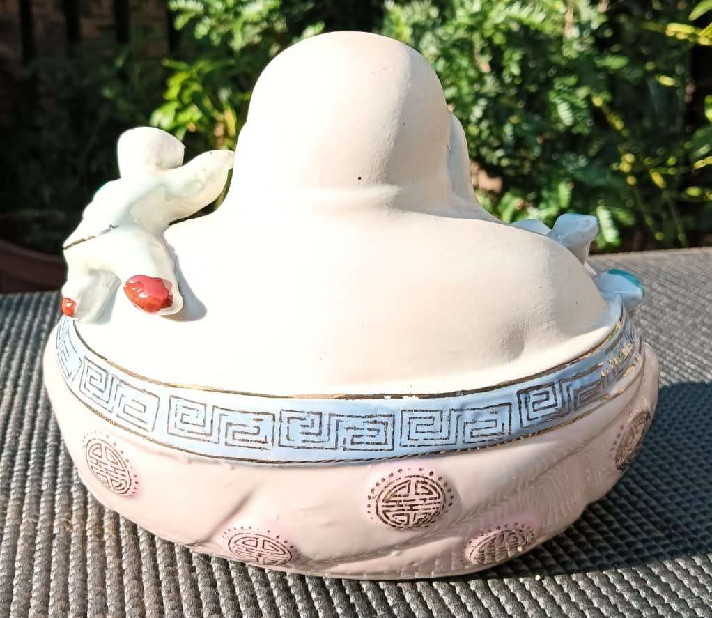 Vintage Chinese Porcelain Laughing Buddha with 5 Children Wealth Fertility Figurine