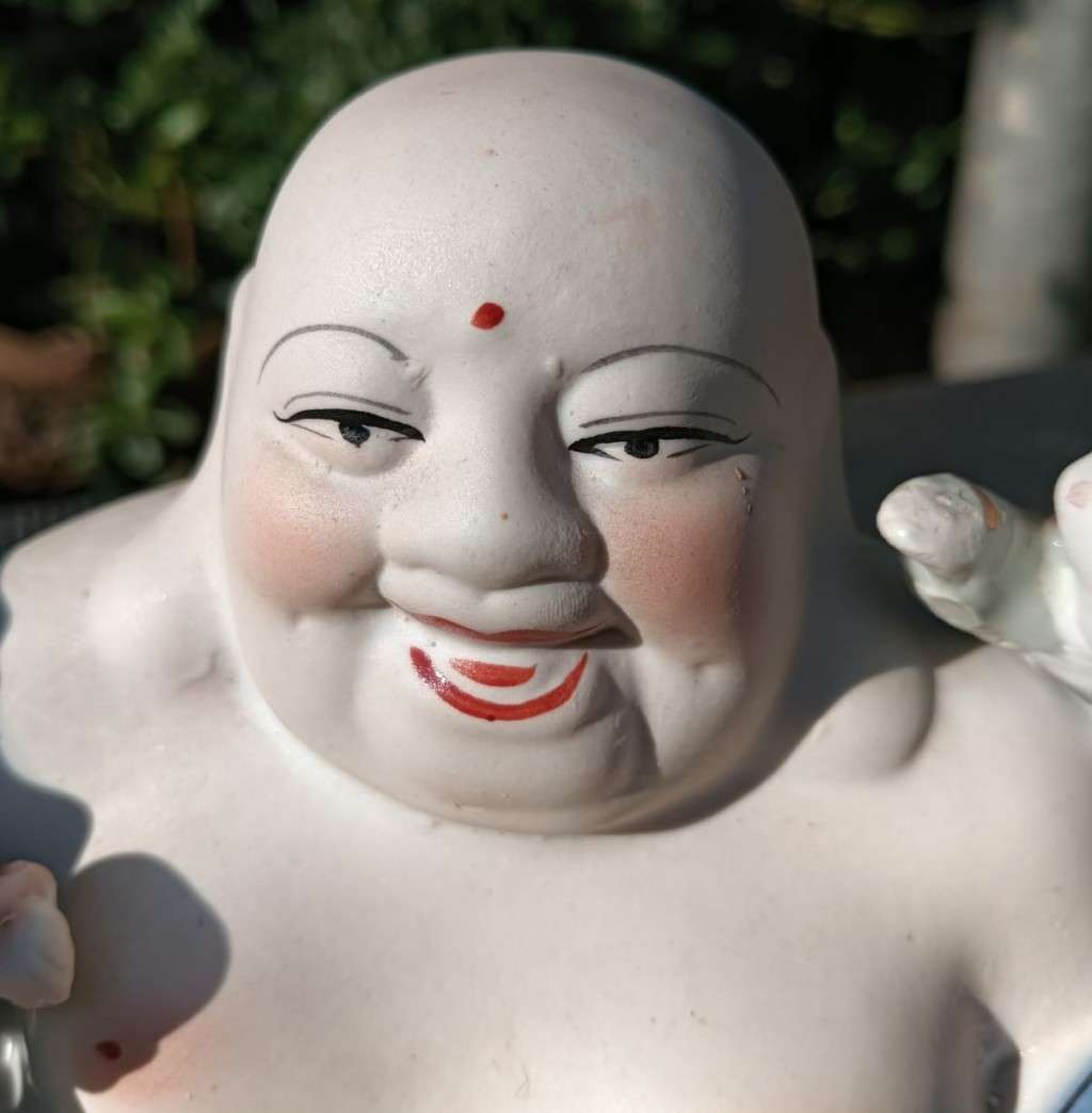 Vintage Chinese Porcelain Laughing Buddha with 5 Children Wealth Fertility Figurine