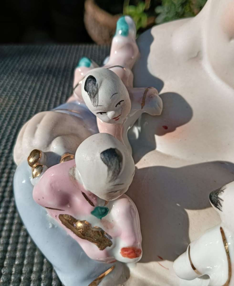 Vintage Chinese Porcelain Laughing Buddha with 5 Children Wealth Fertility Figurine