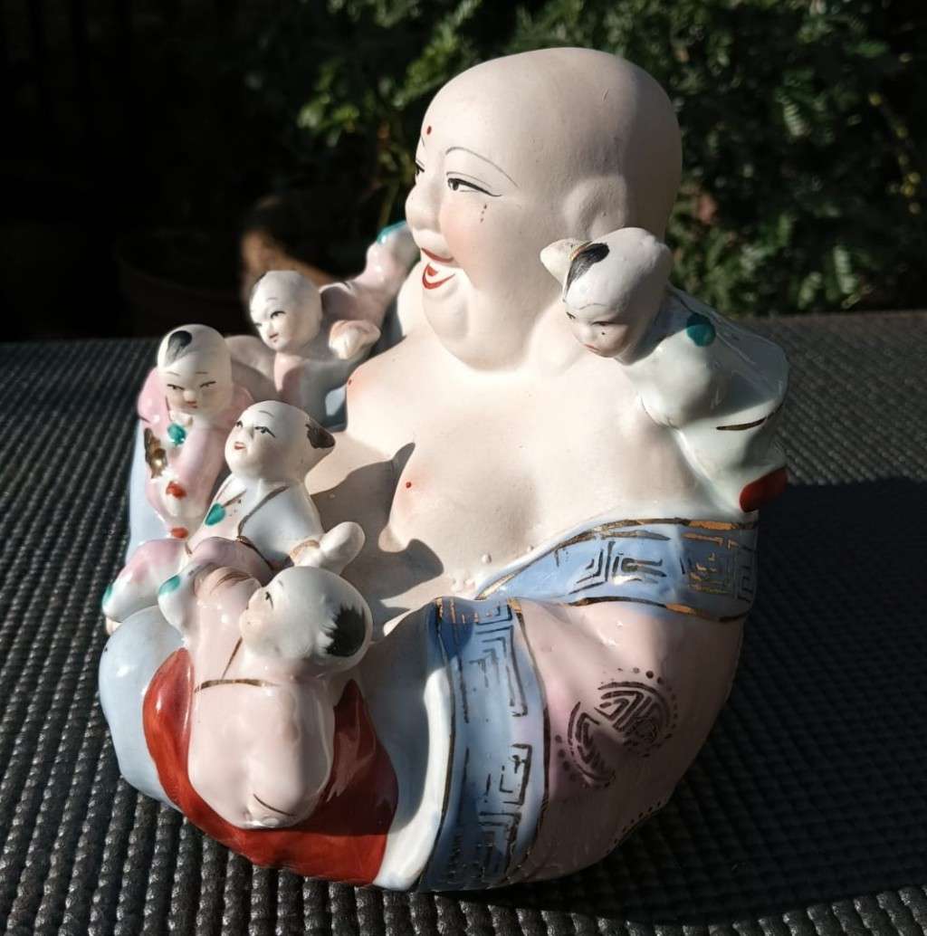 Vintage Chinese Porcelain Laughing Buddha with 5 Children Wealth Fertility Figurine