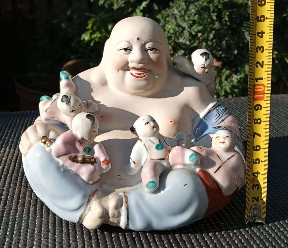 Vintage Chinese Porcelain Laughing Buddha with 5 Children Wealth Fertility Figurine