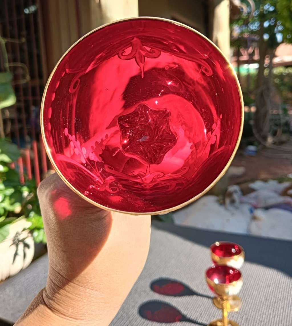 Dazzling set of 6 Bohemian (Czech) Chrystal Tre Fuochi Glasses Hand Painted Enamel Flowers Gold Le