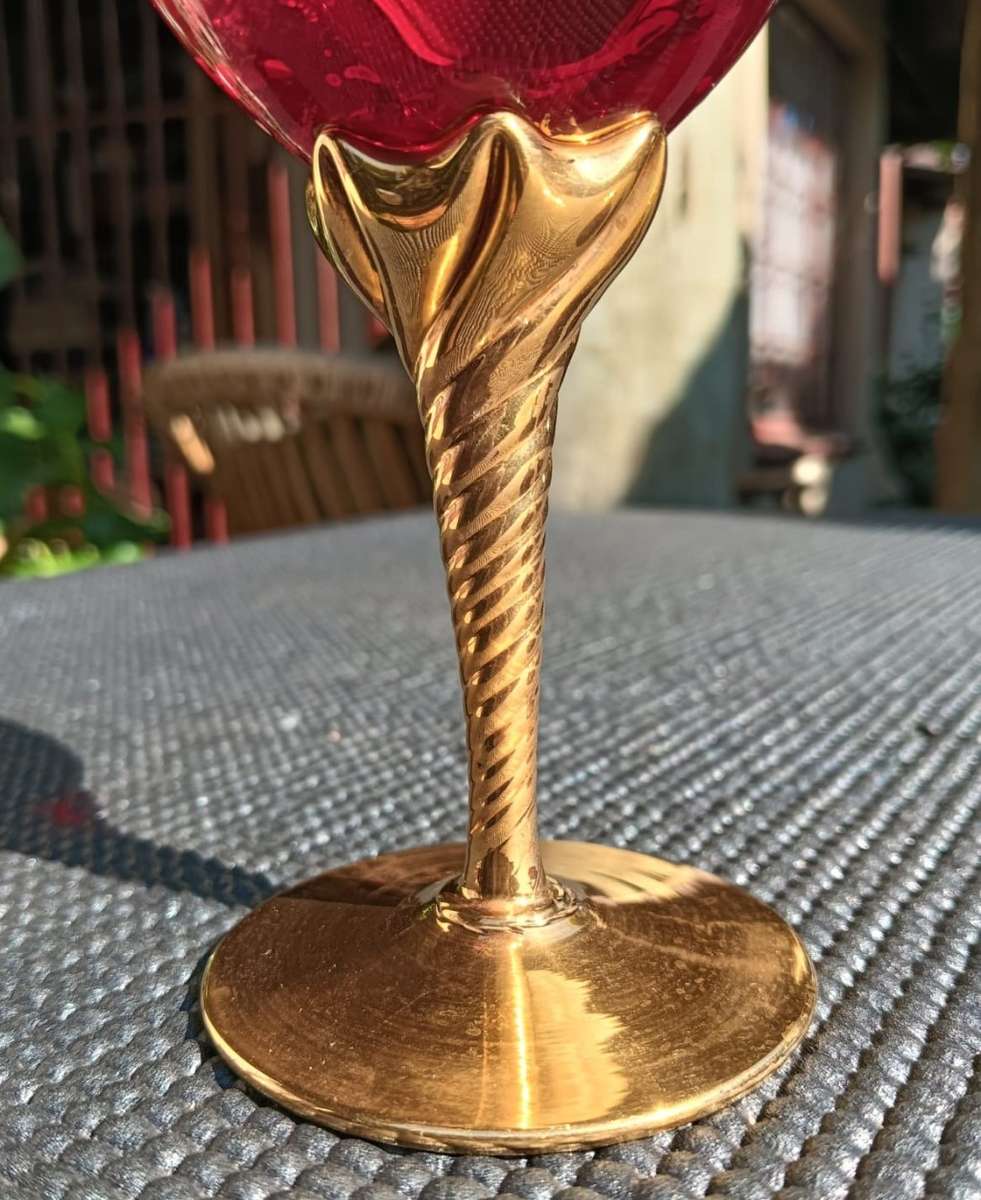 Dazzling set of 6 Bohemian (Czech) Chrystal Tre Fuochi Glasses Hand Painted Enamel Flowers Gold Le